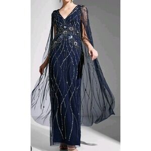 Adrianna Papell Beaded &Sequin Long Dress W/Cape Gown Midnight Blue Women's 4